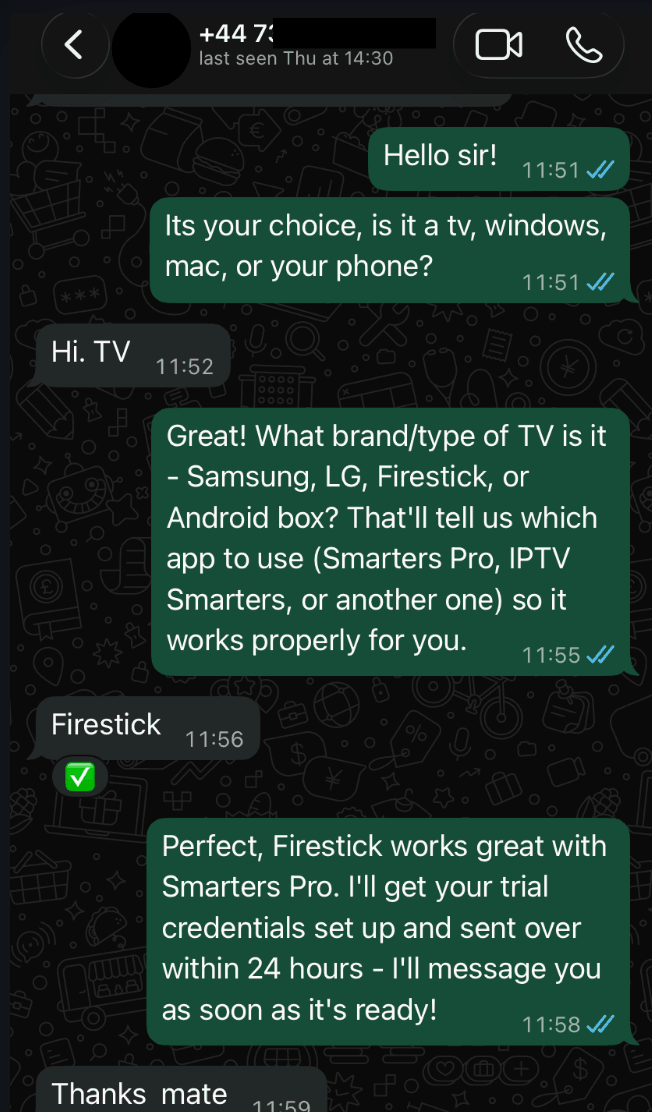 A customer says they are watching on a Firestick; support confirms it works with Smarters Pro and promises trial credentials within 24 hours. The customer replies thanks mate.