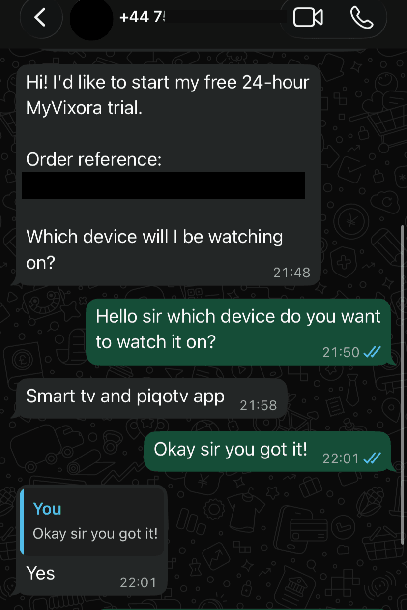 A customer requests a free 24-hour trial for a Smart TV using the PiQo TV app; support confirms and sets it up within minutes.